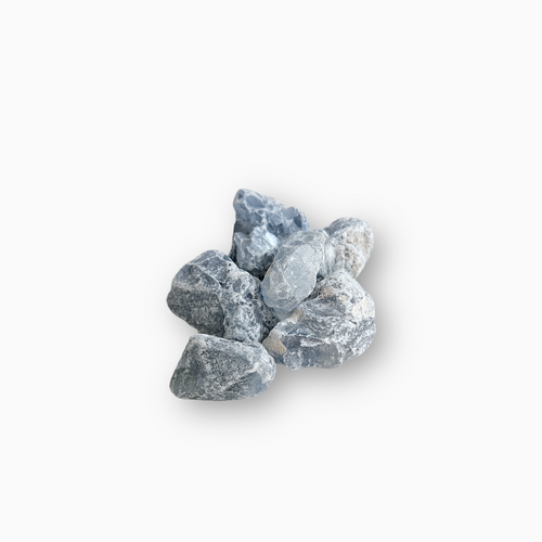 Cluster of raw Celestite crystals in soft bluish-grey tones with natural texture and matte finish, displayed on a white background.