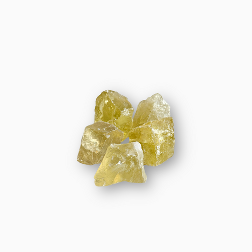 Cluster of raw Citrine crystals in golden yellow hues with semi-transparent, glossy surfaces, displayed against a clean white background.