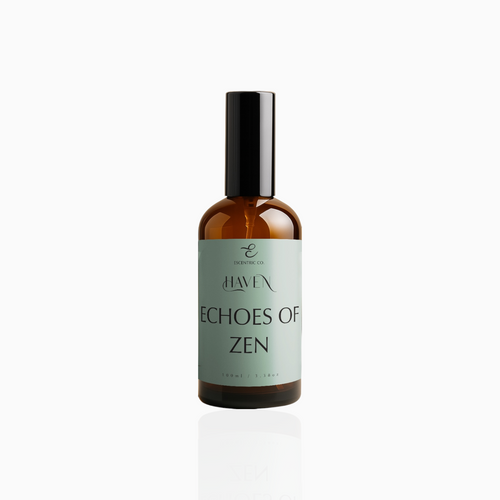 100ml Echoes of Zen fragrance mist in amber glass bottle with black cap and sage green label, photographed on white background