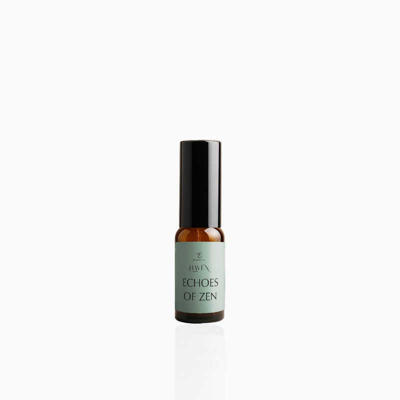 15ml Echoes of Zen fragrance mist in amber glass bottle with black cap and sage green label, photographed on white background