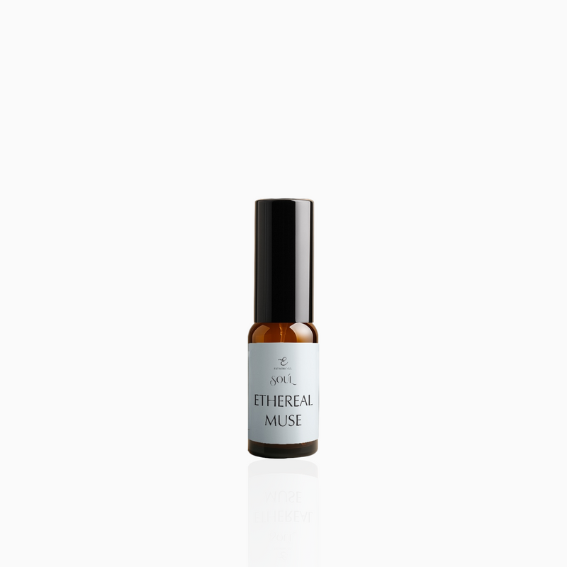 15ml Ethereal Muse fragrance mist in amber glass bottle with black cap and airy powder blue label, photographed on white background