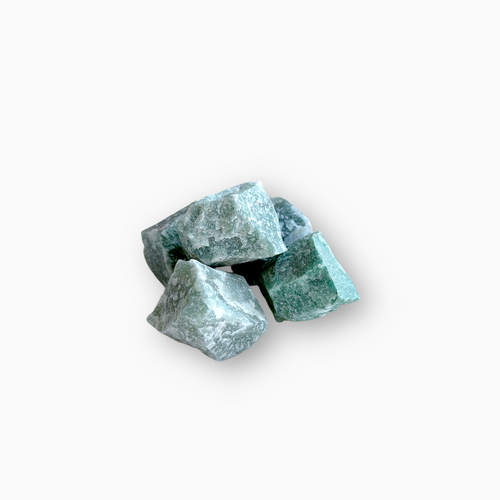 Group of raw Green Aventurine stones in soft forest green tones with a frosty, matte texture, displayed on a white background.
