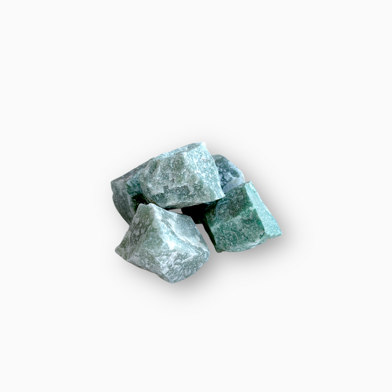 Group of raw Green Aventurine stones in soft forest green tones with a frosty, matte texture, displayed on a white background.