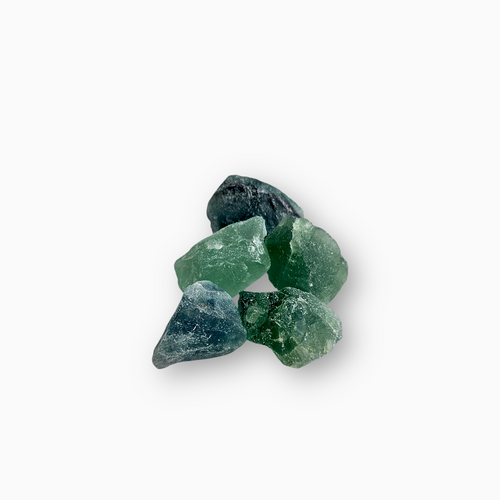 Cluster of raw Green Fluorite crystals in soft to deep green shades, semi-translucent with a matte texture, arranged on a clean white background.