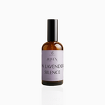 100ml In Lavender Silence fragrance mist in amber glass bottle with black cap and soft lavender label, photographed on white background