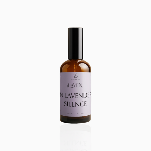 100ml In Lavender Silence fragrance mist in amber glass bottle with black cap and soft lavender label, photographed on white background