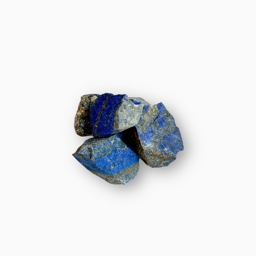 Group of raw Lapis Lazuli stones in rich royal blue with natural gold and grey inclusions, set against a white background.