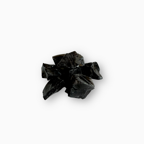 Raw Obsidian crystals in glossy deep black tones, featuring sharp edges and subtle natural textures, arranged on a clean white background.