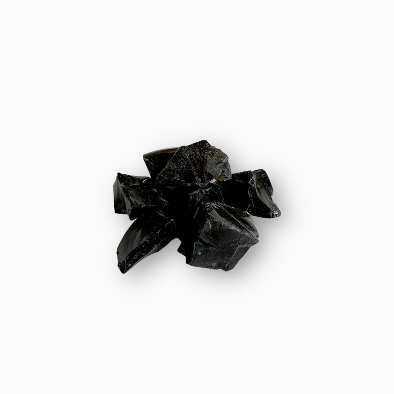 Raw Obsidian crystals in glossy deep black tones, featuring sharp edges and subtle natural textures, arranged on a clean white background.