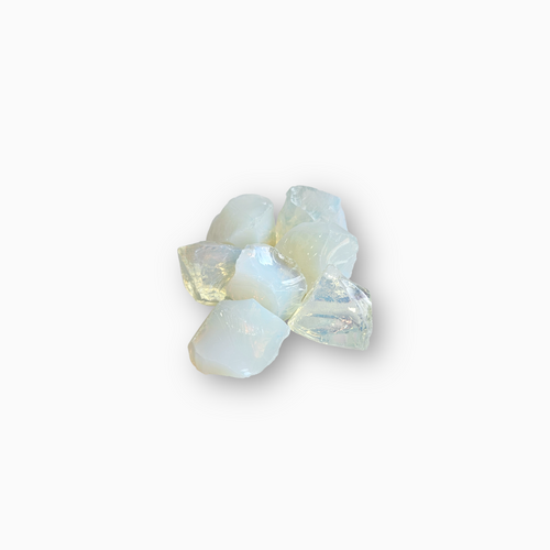 Group of raw Opalite crystals with an iridescent, milky-white glow and subtle rainbow hues, arranged against a clean white background.