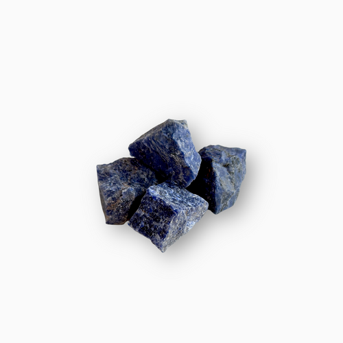 Cluster of raw Sodalite crystals in deep navy blue tones with white marbling, arranged against a white background.