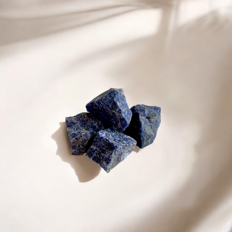 Raw Sodalite crystals in rich navy and cobalt blue with natural white marbling, photographed on a warm beige ivory background