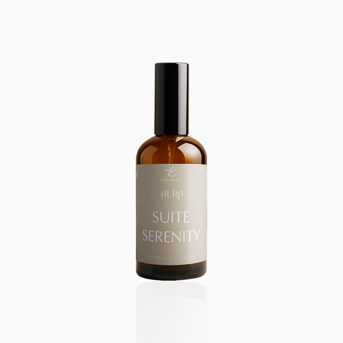 100ml Suite Serenity fragrance mist in amber glass bottle with black cap and soft taupe label, photographed on white background