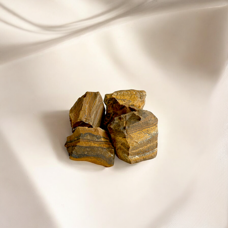 Raw Tiger Eye crystals in golden-brown tones with natural banding, photographed on a soft beige background