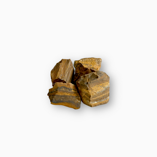 Raw Tiger Eye crystals with golden brown bands and a natural earthy texture, arranged on a clean white background