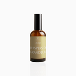 100ml Whispers of Grandeur fragrance mist in amber glass bottle with black cap and muted gold label, photographed on white background